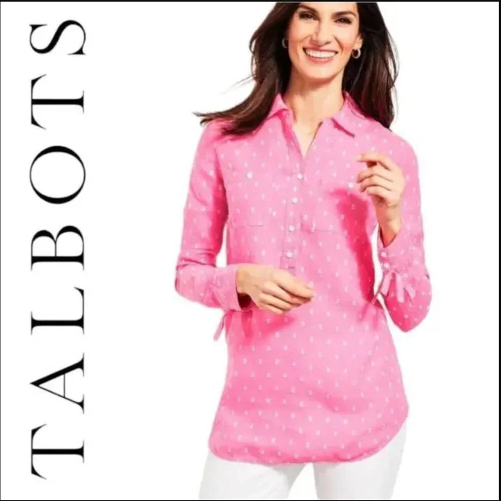 Talbots Linen Camp Shirt Clip Dot Size Small Petite Pink Button Down Top Beach - Picture 1 of 8